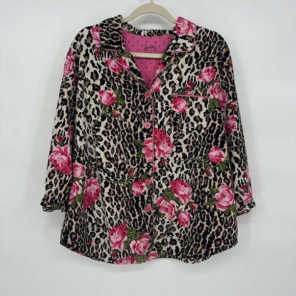 2-Pc NICK & NORA Leopard Print Roses 3/4 Ruffle Sleeves Capri Pajamas Sz XXL - Picture 2 of 12